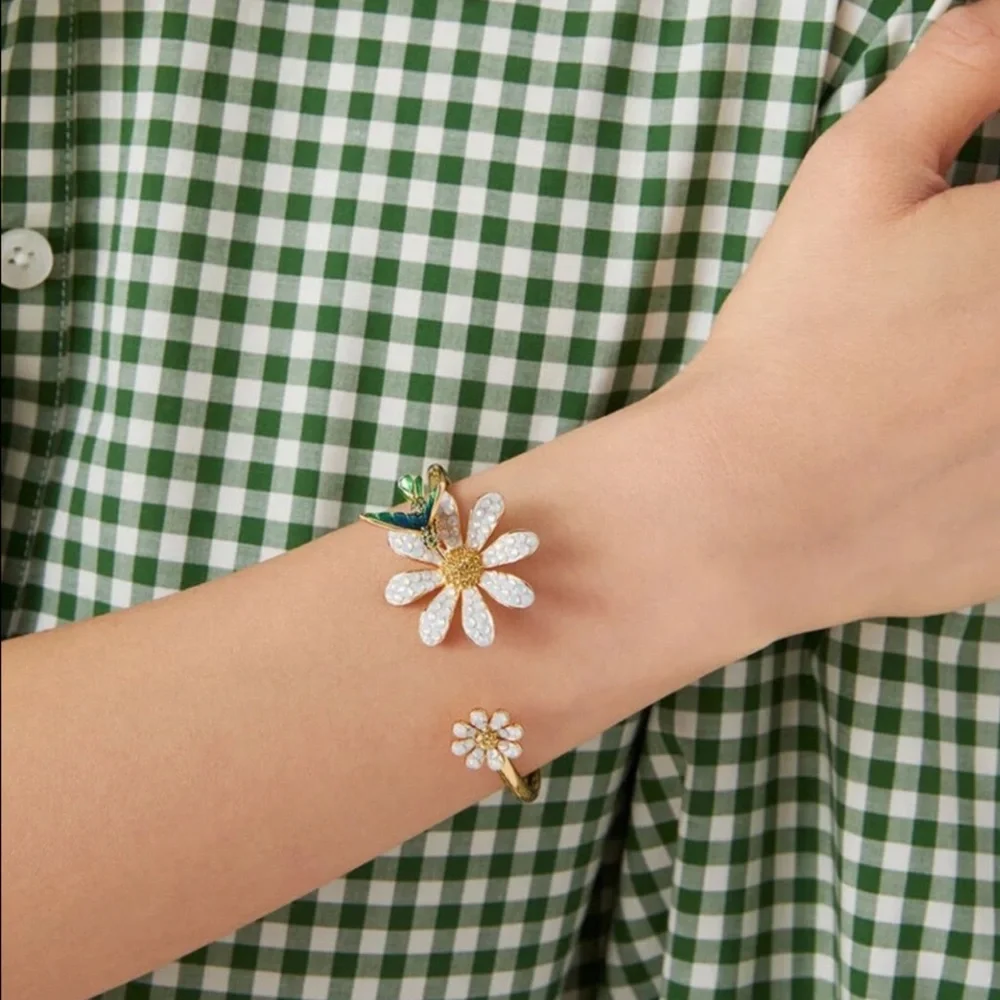 kate spade Gold Tone White Daisy Open Cuff Bracelet with Green Accent - Picture 2 of 4